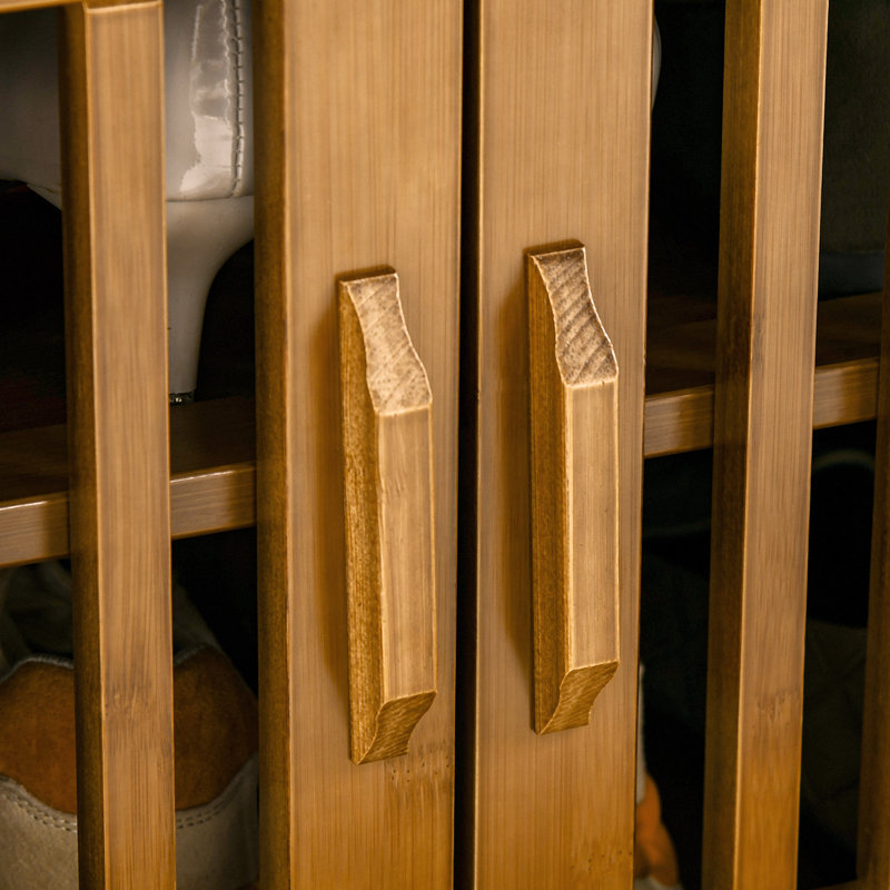 Banc à chaussures avec armoires de rangement, banc d'entrée en bambou avec coussin de siège, 3 portes, support latéral et compartiment caché