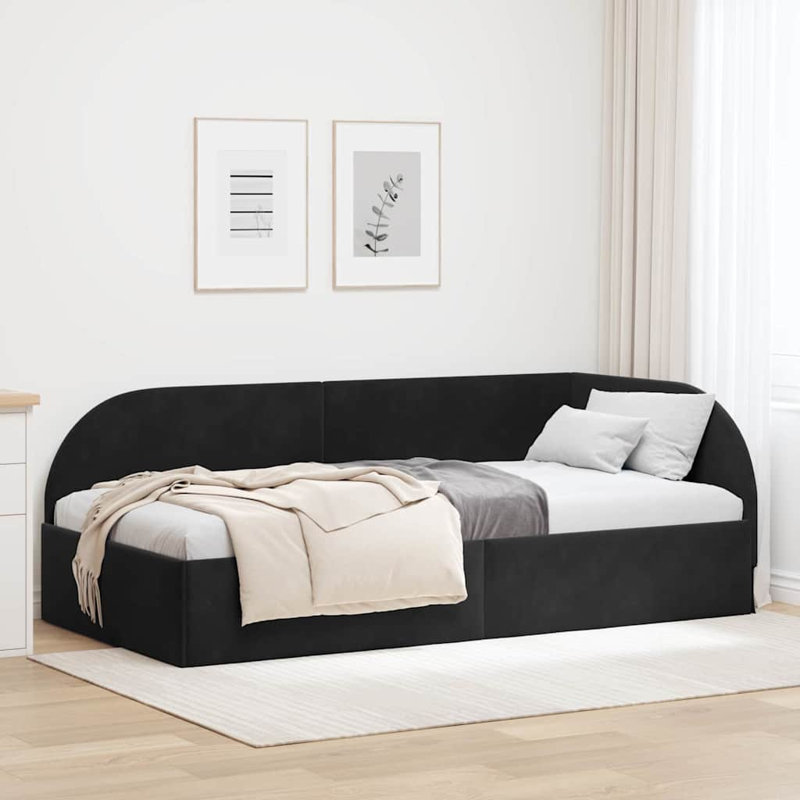  Corner Bed Frame With Headboard Black 80 X 200 Cm Velvet, European Single (90 x 200 cm), Black