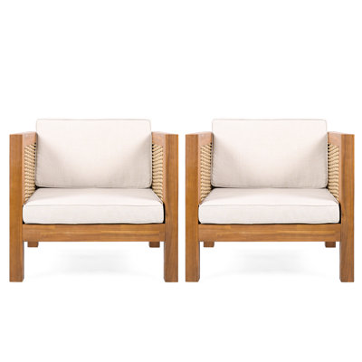 Lot de 2 fauteuils club d'extérieur avec structure en bois et coussins beiges, adaptés à différents espaces, faciles d'entretien, avec accoudoirs, capacité de charge de 180 kg, pour se détendre sur un balcon ou dans un jardin.