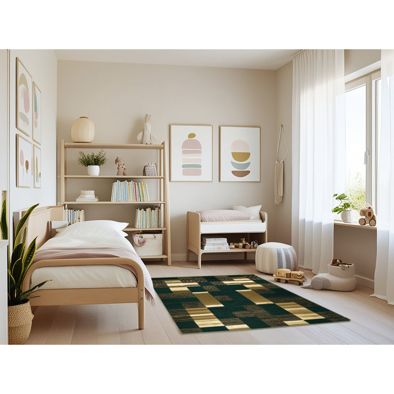 Machine Washable Checkered Green Area Rug