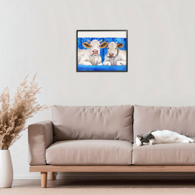 Deux vaches blanches sur giclée encadrée bleue, design par George Dyachenko