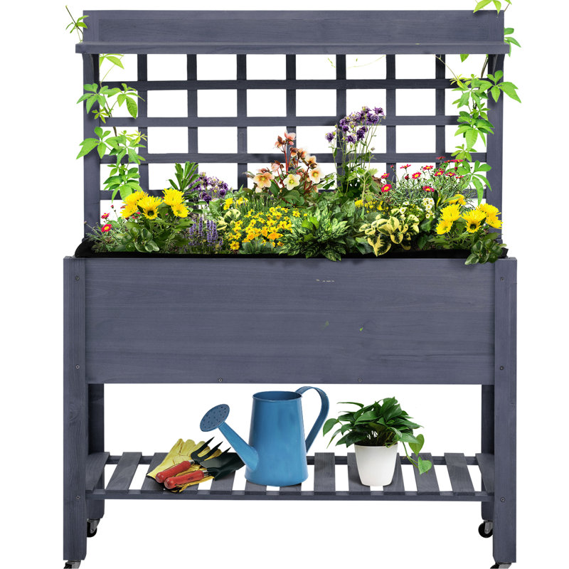 Lit de jardin surélevé en bois avec treillis, pot de fleurs surélevé de 41 po pour la sophistication, splendeur grise,