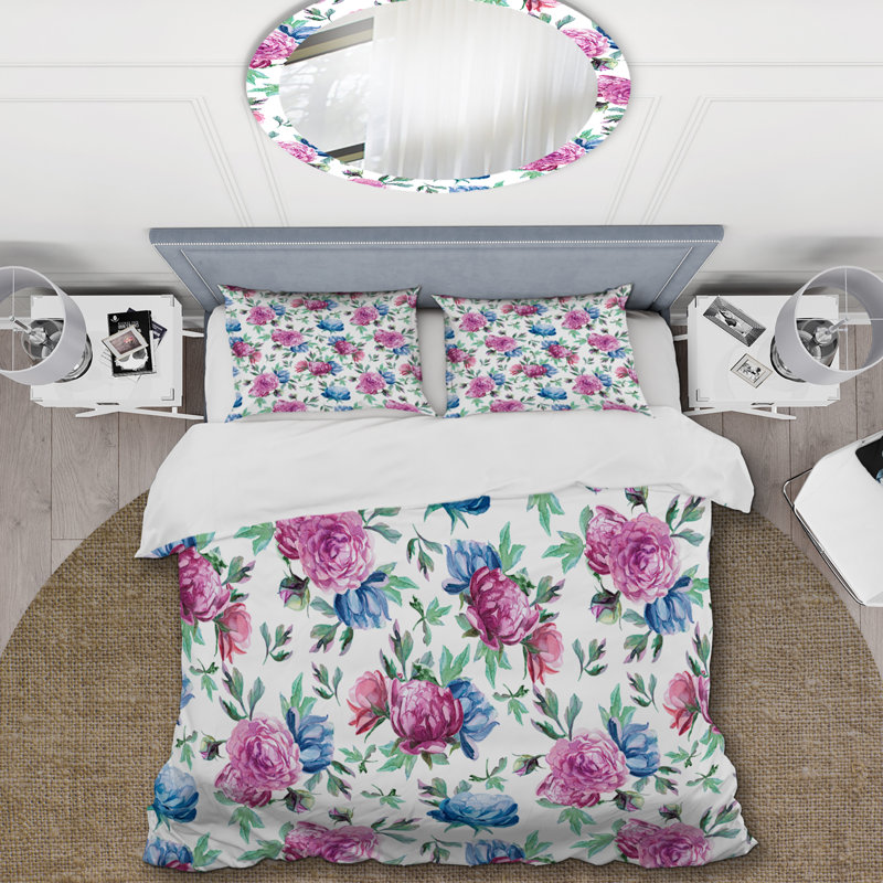 Blue and Pink Roses - Ensemble de housse de couette floral - Polyester microfibre