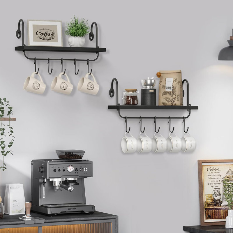 Floating Wall Shelves With Adjustable Hooks For Kitchen, Bathroom, Or Coffee Nook - Rustic Storage Shelf Set Of 2 - Durable Pine Wood With Matte Black Metal Brackets