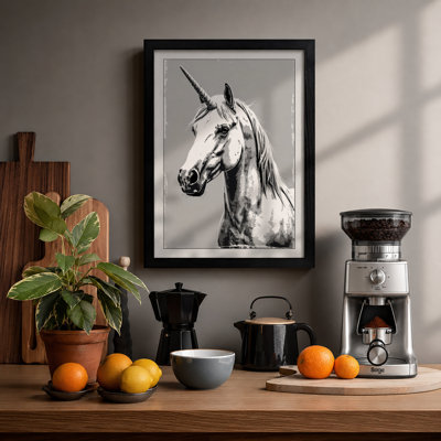 Unicorn in Charcoal Minimalist - Framed Print