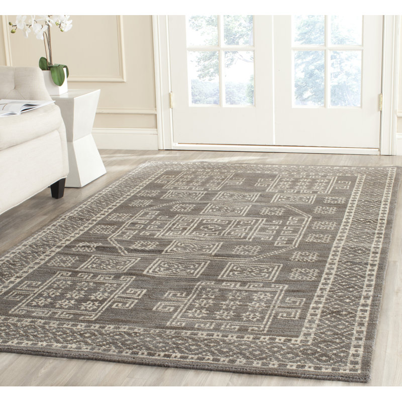 Tapis gris en laine / coton noué à la main Alimatou, Rectangulaire 8 pi x 10 pi