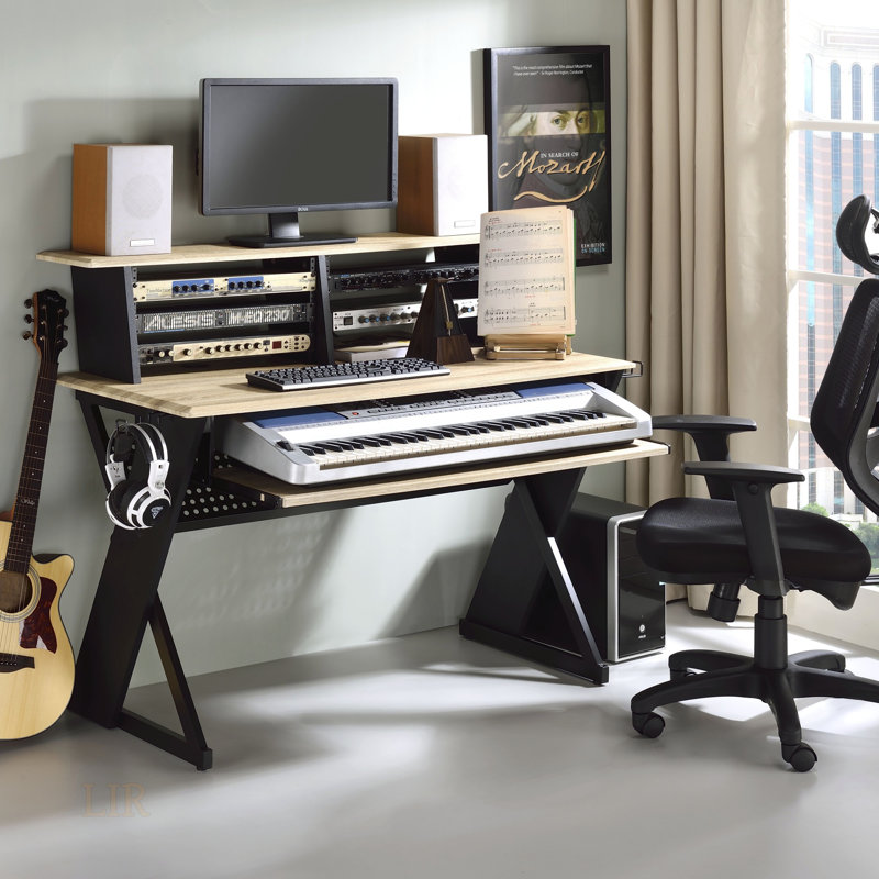 Eleazar Natural Oak Finish Music Recording Studio Desk With Spacious Storage And Cable Management, Perfect For Modern Creatives