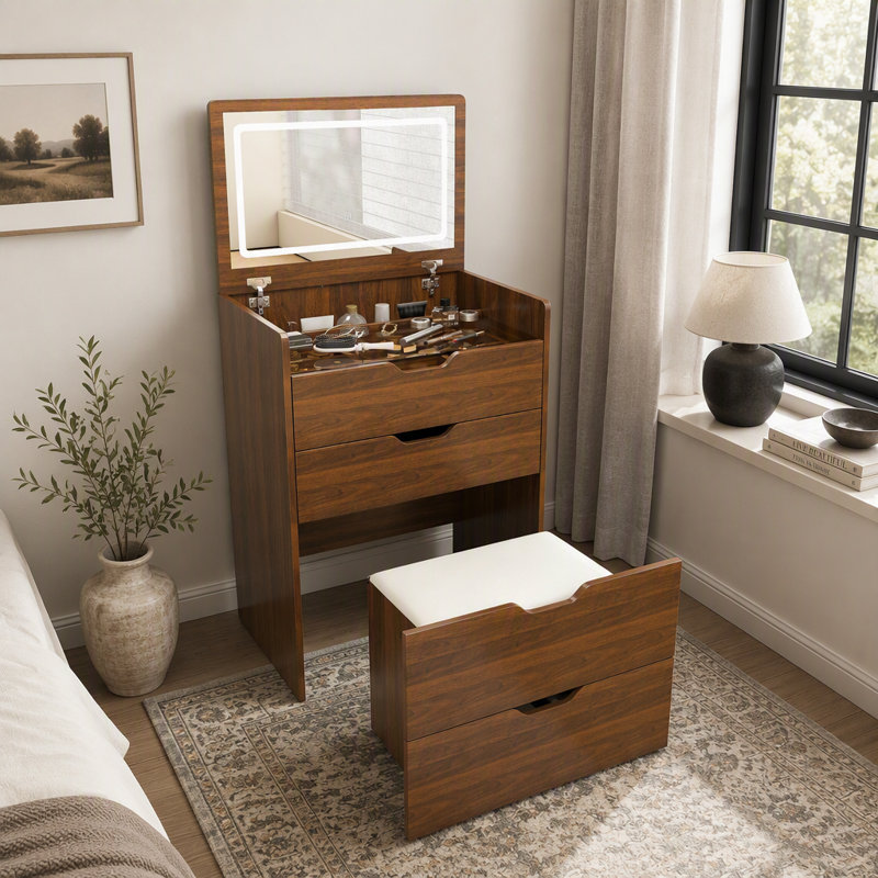 Bureau de coiffeuse 3-en-1 avec miroir éclairé à DEL et tabouret, coiffeuse à maquillage multifonctionnelle avec rangement caché, ensemble de coiffeuse compact pour le vestiaire de la chambre à coucher