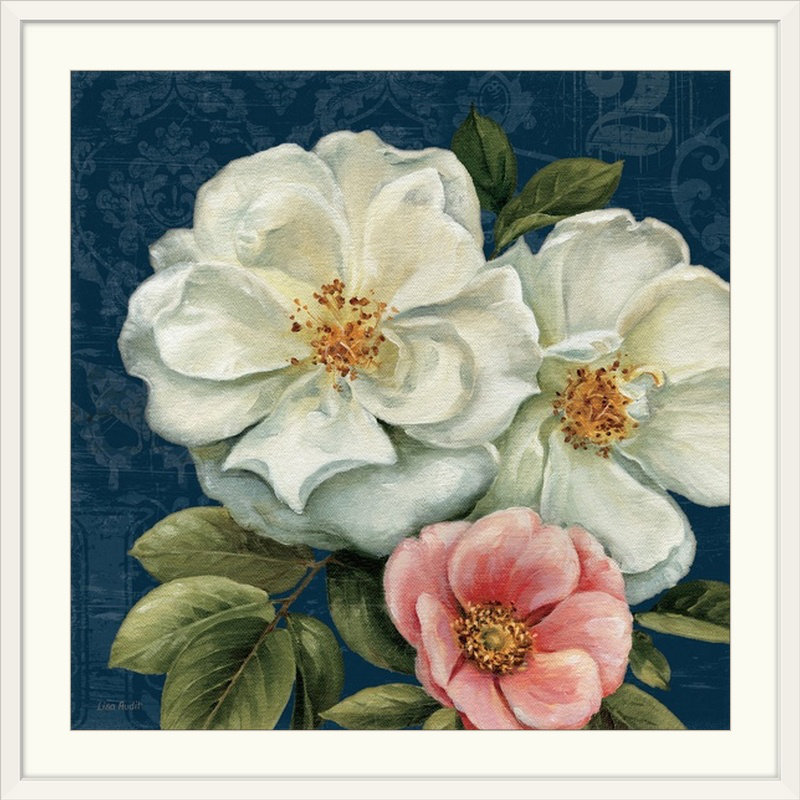 « iii on indigo » par lisa audit, impression de peinture Floral Damask, H 38 po x l 38 po x P 1 po, Cadre blanc
