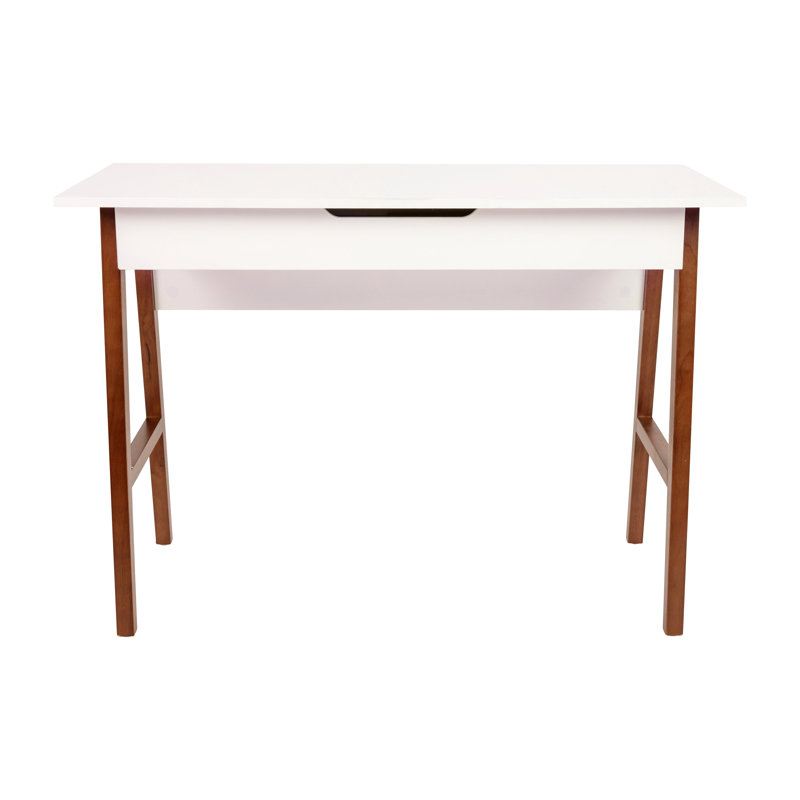 White Laminate Top Writing Desk with Walnut Frame and Drawer