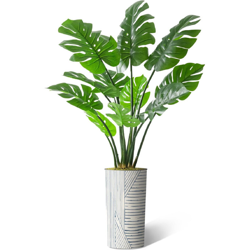 Arbre artificiel dans un pot de fleurs moderne, décoration d'arbre en soie artificielle Monstera (pot et arbre), Rayure
