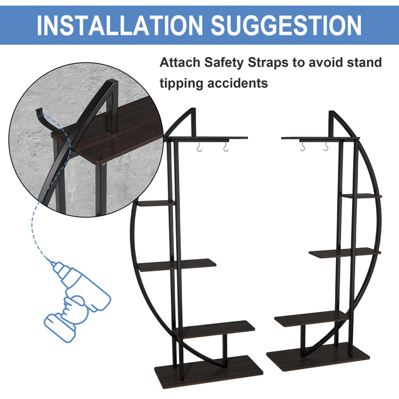 Tall Black Metal and MDF Indoor Plant Stand with Hanging Hook
