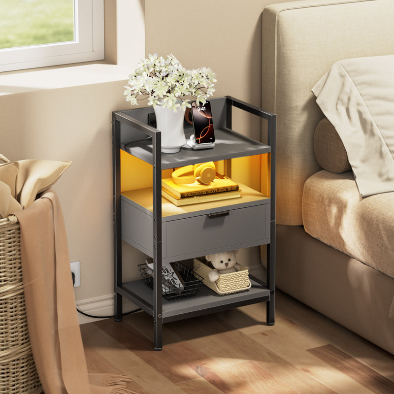 Night Stand With Charging Station, LED Nightstand With Storage Shelf & Wooden Drawer, 3-Tier Bedside Table For Bedroom, End Table Living Room, Small Space, Gray