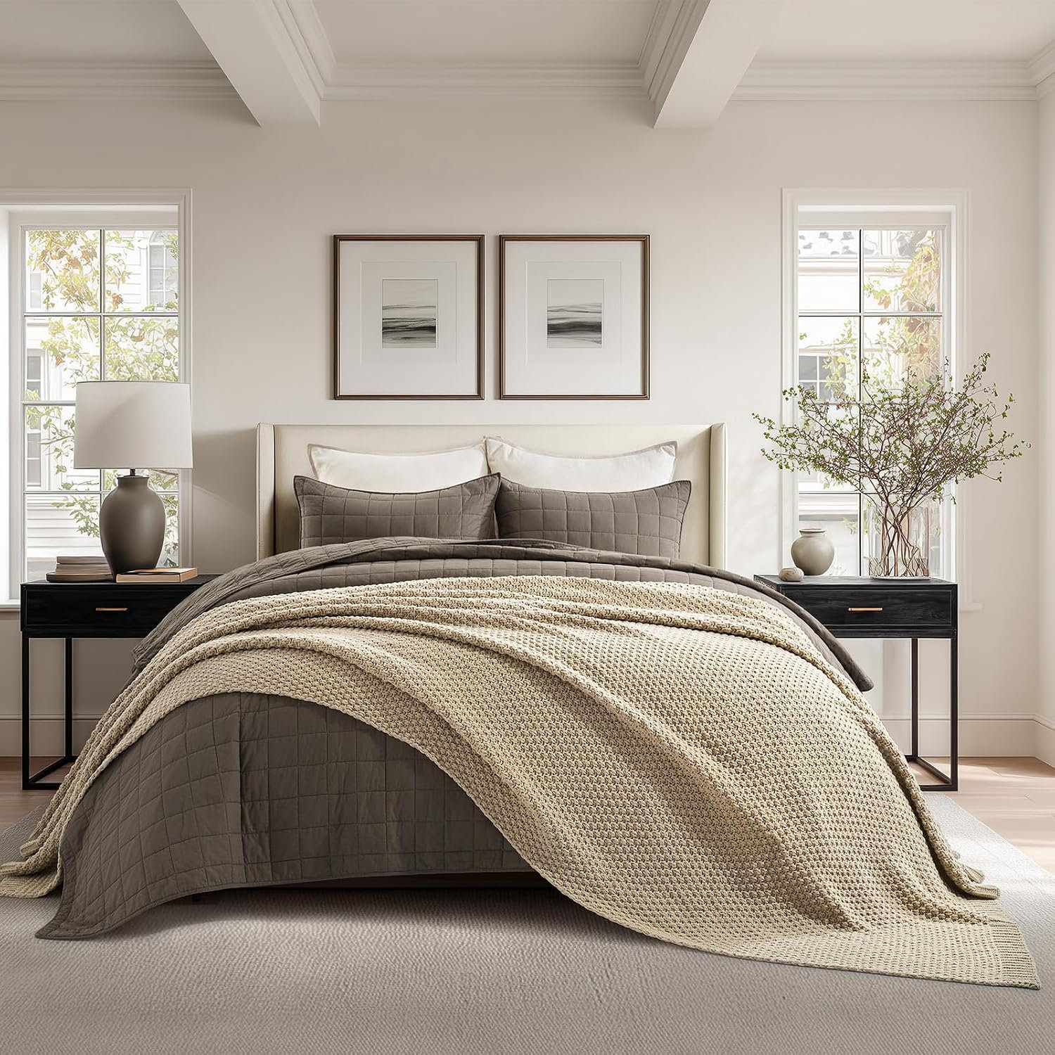 Chunky Chenille Knit Throw Blanket, 90" L x 90" W, Sand Dune