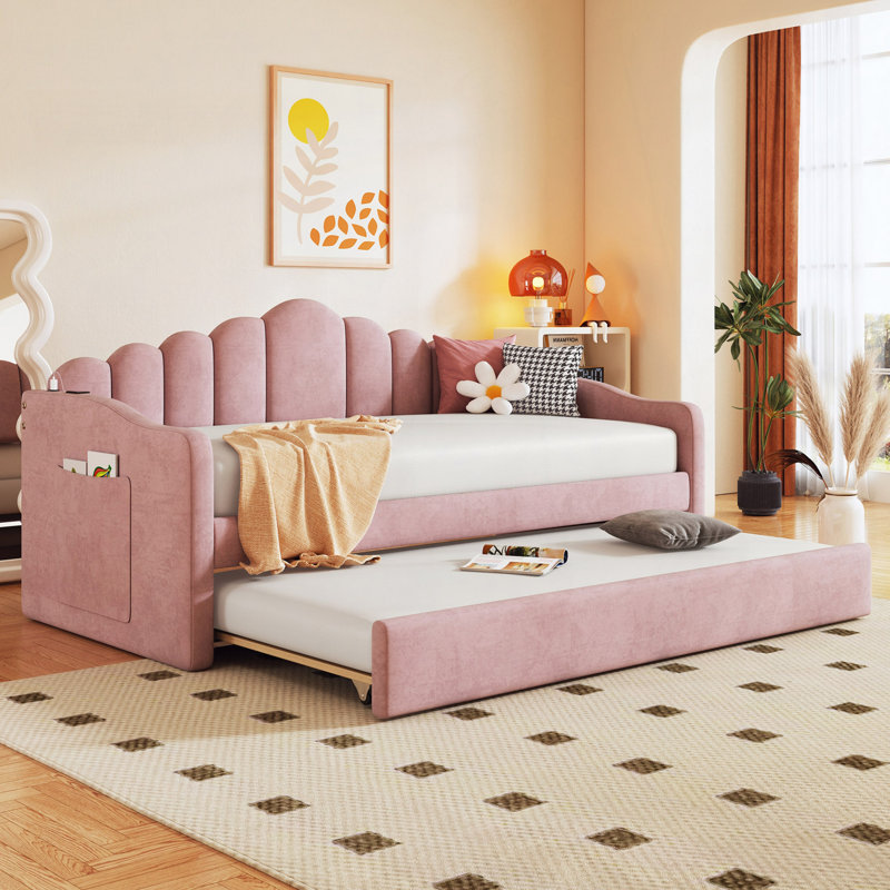 Lit de jour en velours luxueux avec charge USB et couchette pour un confort ultime, Rose