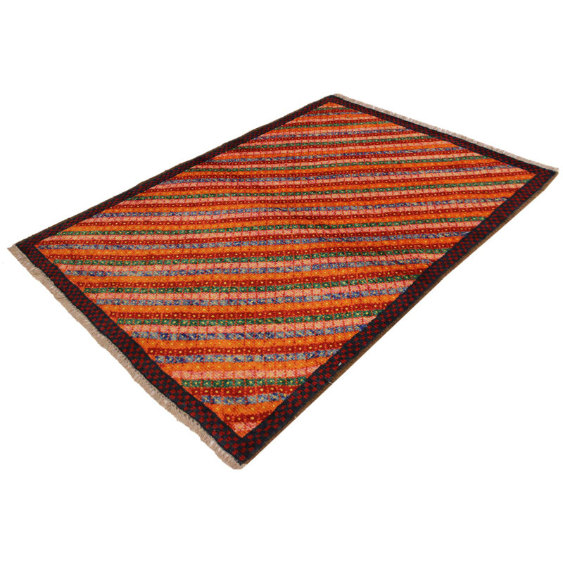 Tapis orange rayé / gris / brun en laine noué à la main 3 pi 2 po x 4 pi 10 po Laudalino