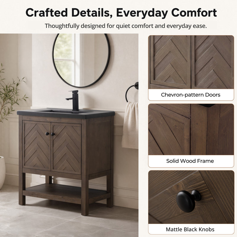 Chazden 30" Freestanding Herringbone Design Single Bathroom Vanity with Ceramic Top, Cocoa Brown, Matte Black, Black