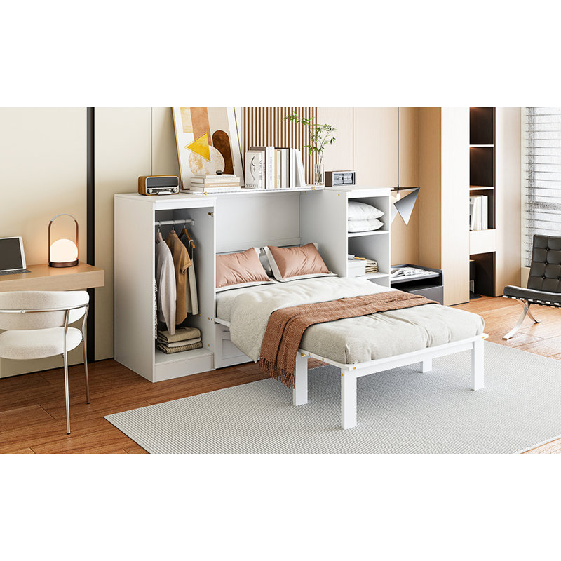 Lit simple blanc avec rangement pour vêtements et tablettes de chevet - garde-robe blanche, option de design durable