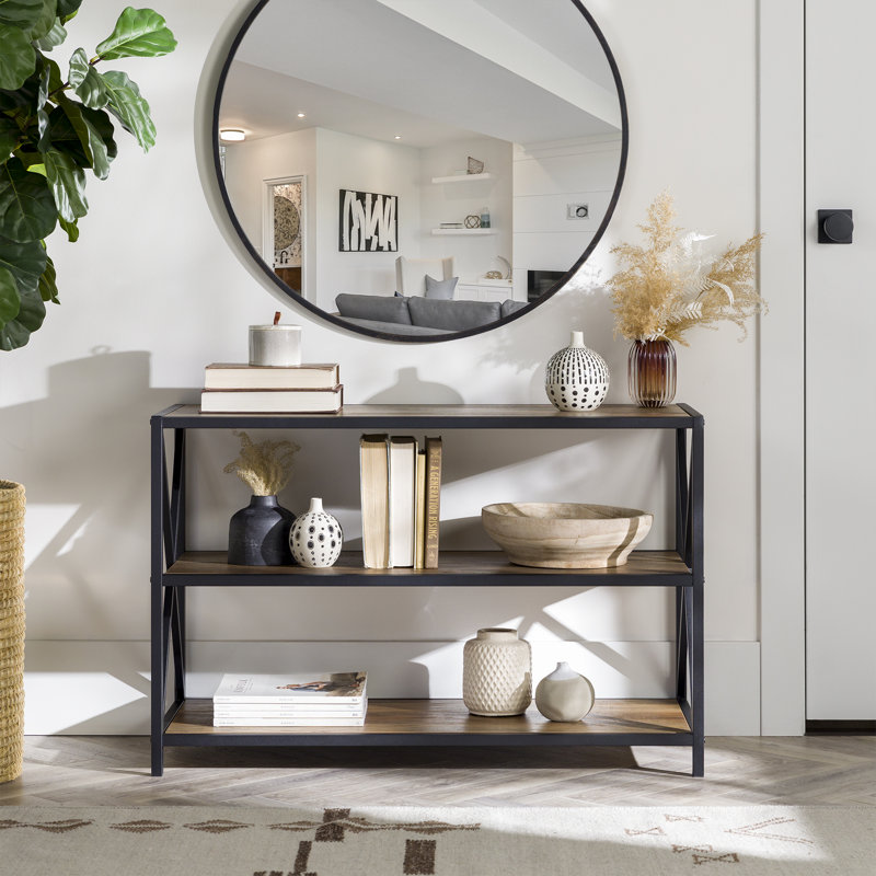 Bibliothèque étagère en métal H 26 po x l 40 po Eulas, 26 po H x 40 po L x 16 po P, Chêne rustique