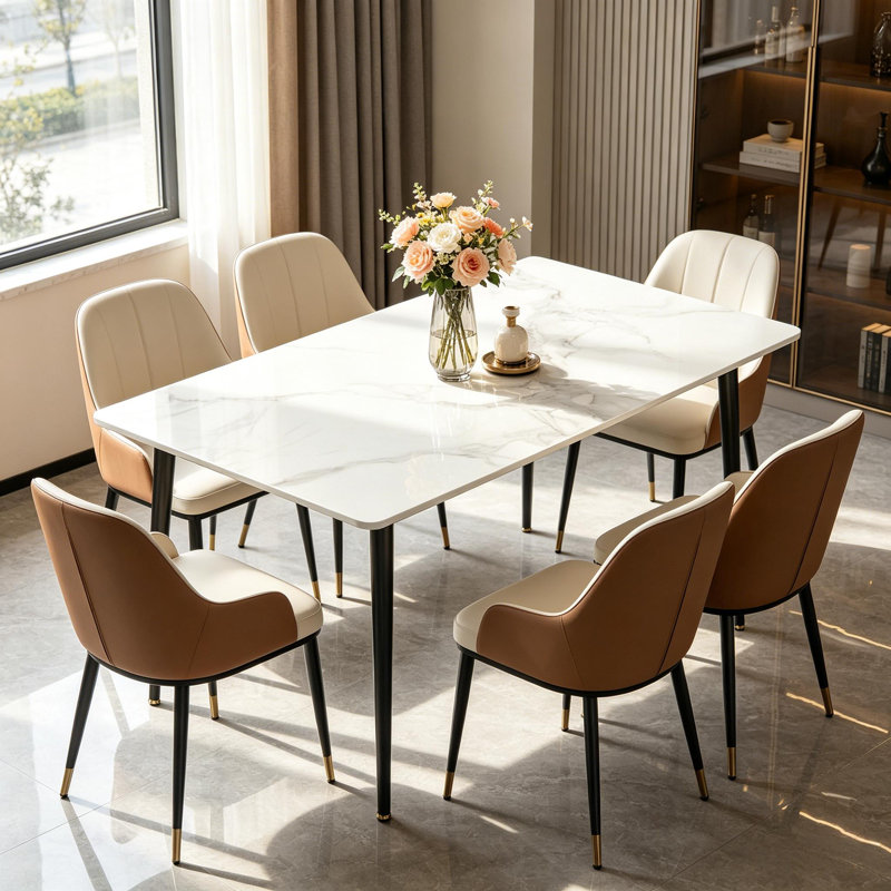 Funke Stone Top Metal Base Dining Table, Snow White