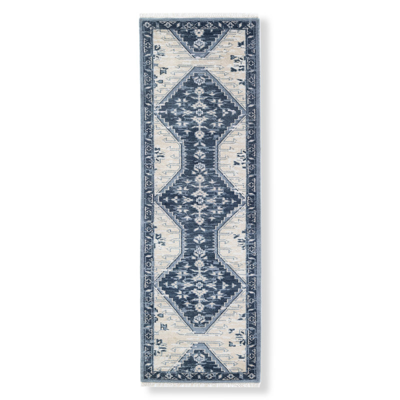 Tapis en laine noué à la main bleu / crème, Tapis de couloir 2 pi 6 po x 9 pi