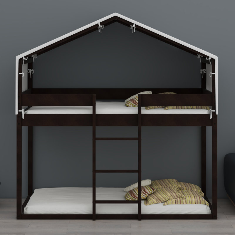 House-Shaped Bunk Bed Wood Frame With Tent, Espresso
