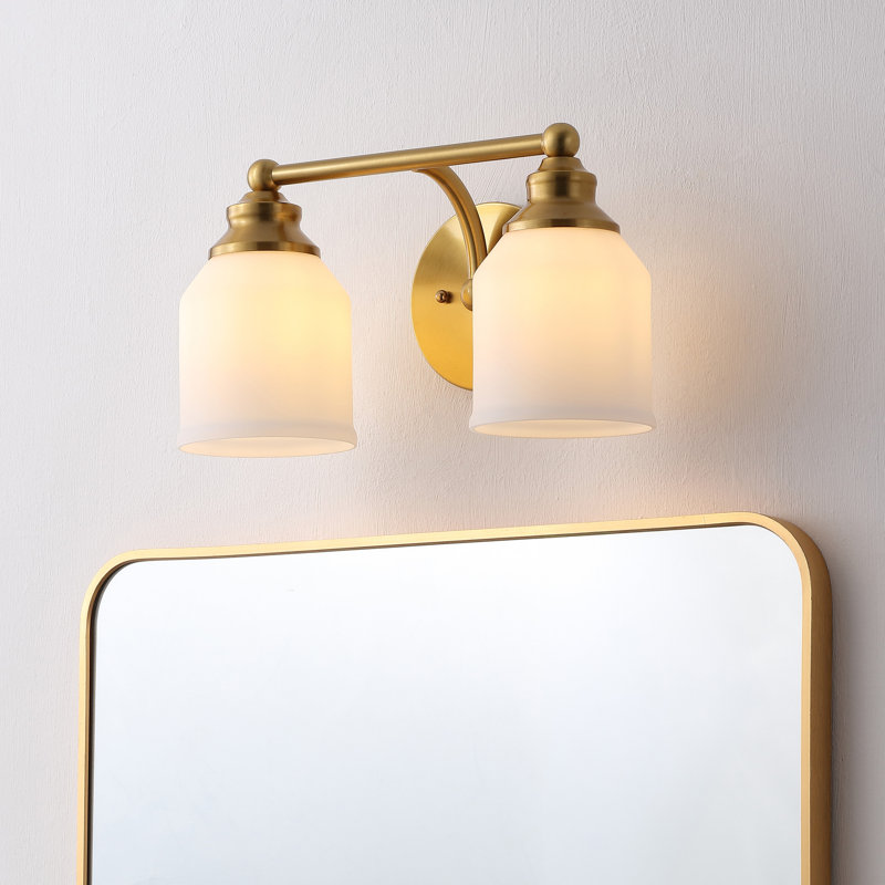 Lauder Iron/Frosted Glass Farmhouse Cottage LED Vanity Light, Brass Gold, 2 Lights