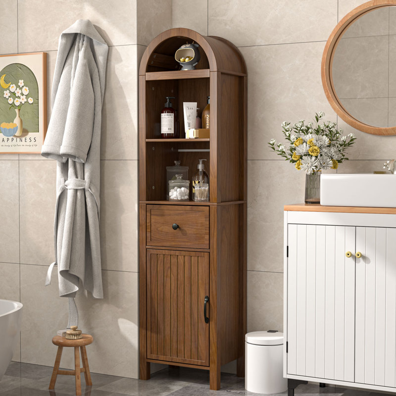Freestanding Bathroom Cabinet, Narrow Tall Bathroom Storage Cabinet With Fluted Doors And Drawers, Walnut