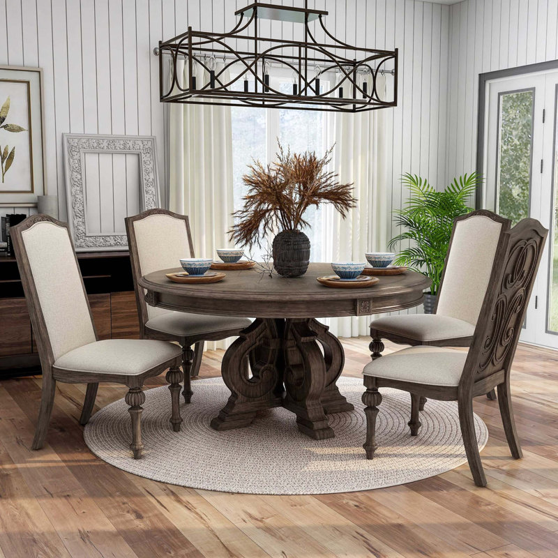 Ensemble repas élégant 5 pièces avec table ronde et chaises rembourrées, Rustic Natural, Rustique naturel, Rustic Natural