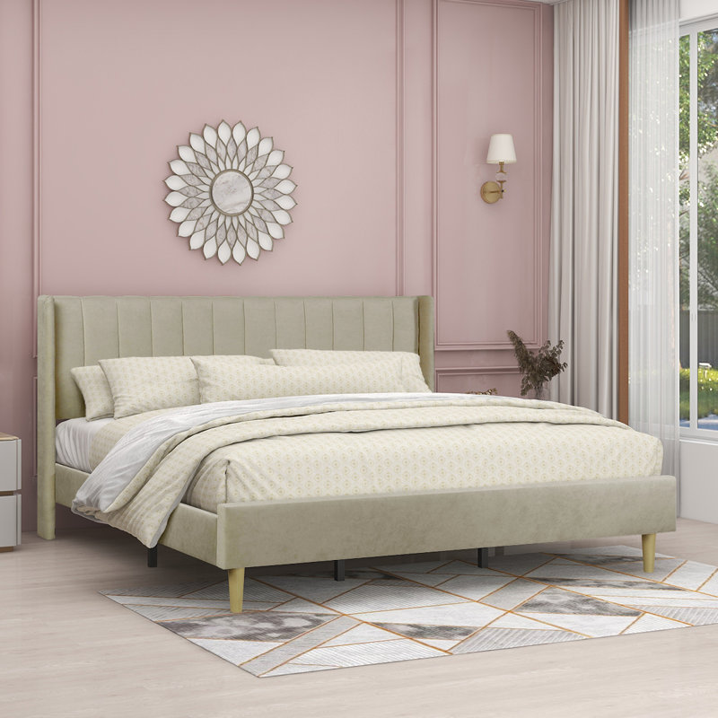 Lit plateforme tapissier avec tête de lit à oreilles Eriksay, Très grand, Lin beige foncé