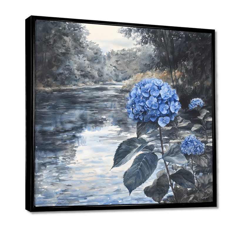 Hortensias au bord de la rivière en monochrome II - hydrangées, art mural, H 16 po x l 16 po, Impression encadrée flottante