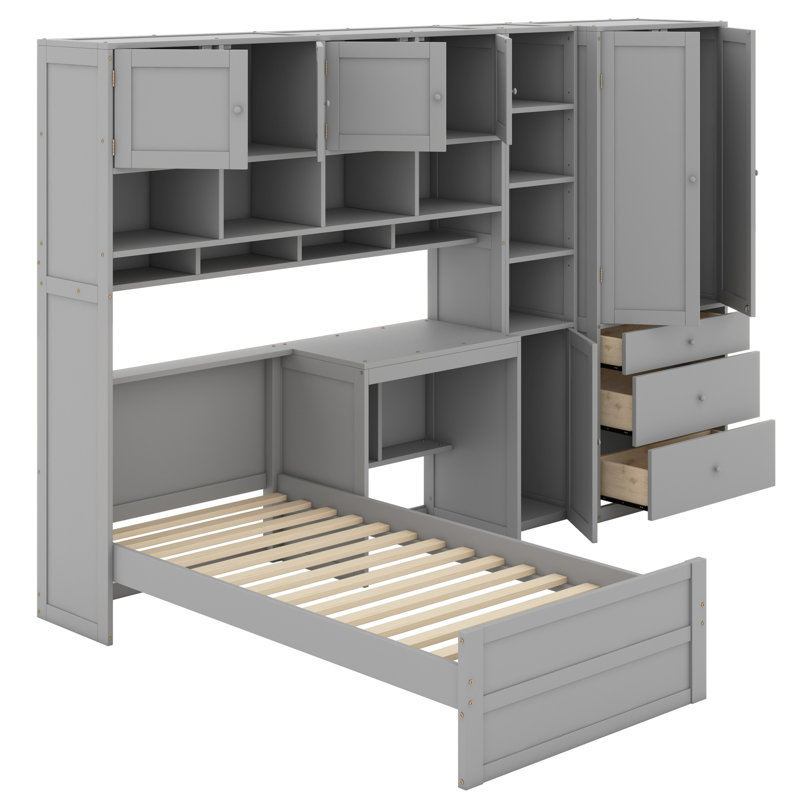 Space-Saving Wooden Platform Bed with Desk, Wardrobe, Drawers and Storage Shelves, Gray