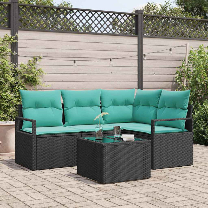 Ensemble de canapé de jardin vidaXL 5 pièces en rotin de polyester noir et turquoise