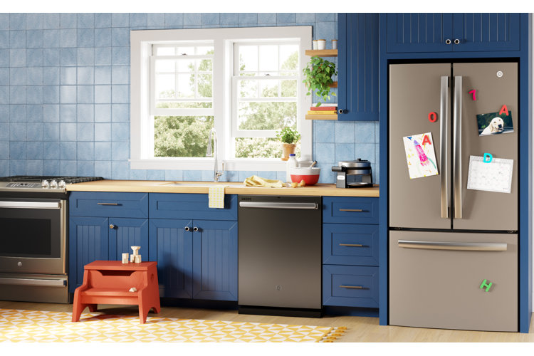 blue kitchen with stainless steel appliance