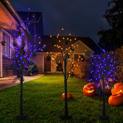Ensemble de 3 branches d'arbres morts d'Halloween avec lumières et 30 ornements festifs