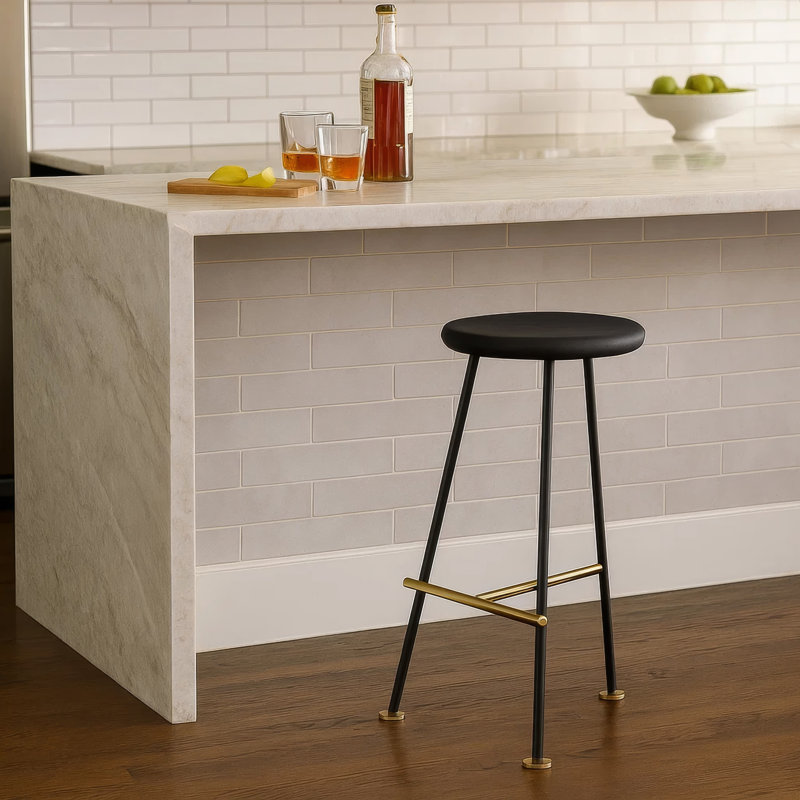 Aronson 24 Inch Backless Counter Barstool with Round Mango Wood Seat | Black Iron Legs | Gold Footrest