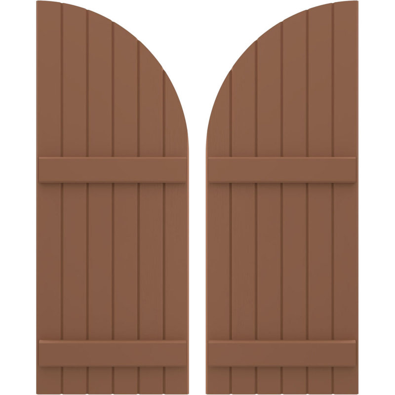AmeriCraft Real Wood Six Board (2 Batten), Joined Exterior, Arch Top Joined Board-n-Batten Shutters, 21"W x 64"H, Burnt Toffee, (Per Pair)