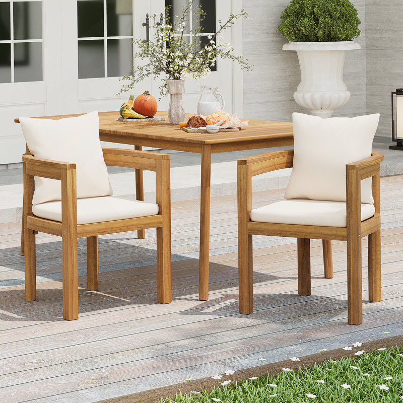 Chaise de salle à manger d'extérieur en bois d'acacia avec coussin beige, ensemble de 2