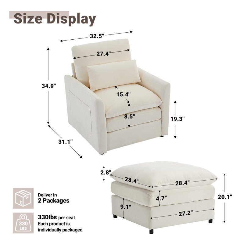 32.5''W Modern Upholstered Accent Chair With Ottoman, Beige