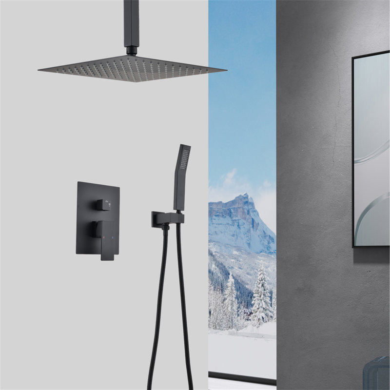 Ensemble de système de douche de plafond avec douche à main et pomme de douche 16 po, Noir mat