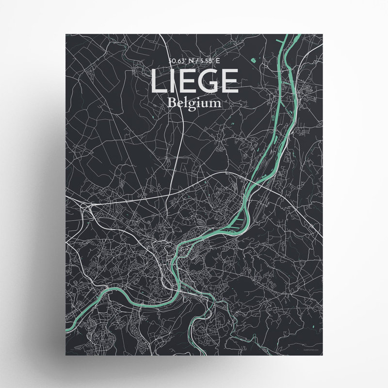 «Liege City Map», impression, Vert / gris, H 20 po x l 16 po