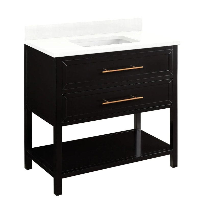 36" Robertson Single Bathroom Vanity Set with Rectangle Undermount Sink, 8" Widespread, Feathered White Quartz, Black