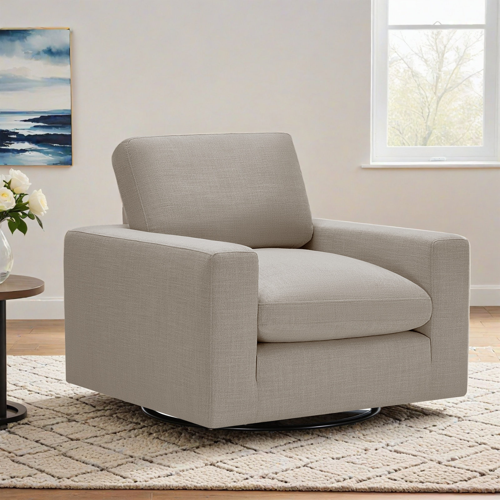 Asher Linen Swivel Club Chair, Effie Flax Performance Linen