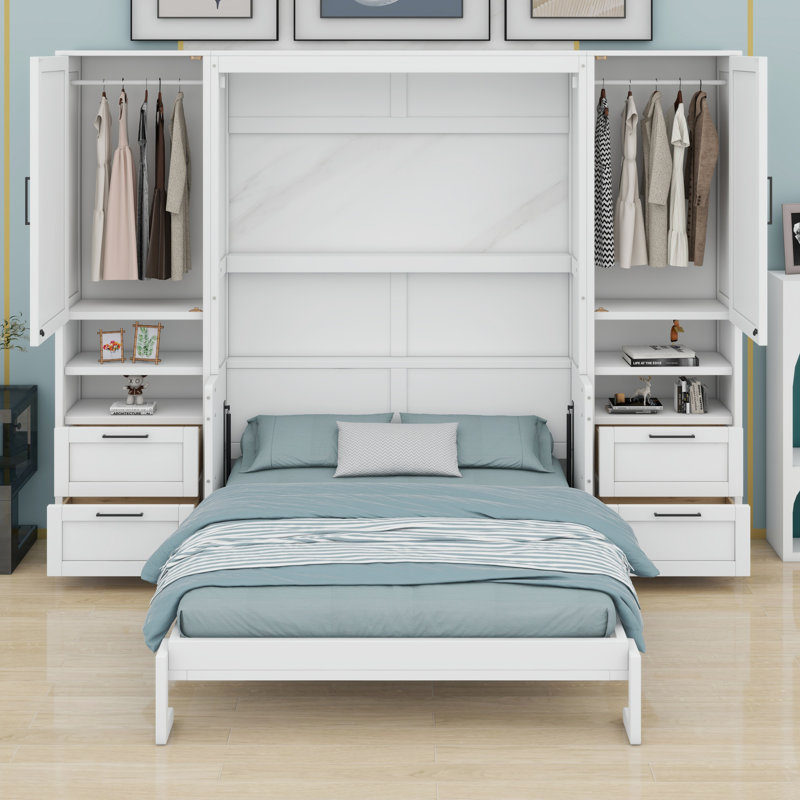Lit escamotable mural avec placard intégré, tiroirs et tablettes Murphy, Blanc
