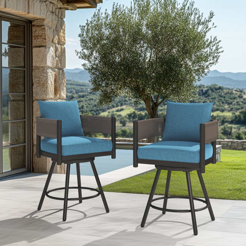 Tabouret de comptoir de salle à manger Maine, Cadre noir et osier brun, Tissu bleu paon