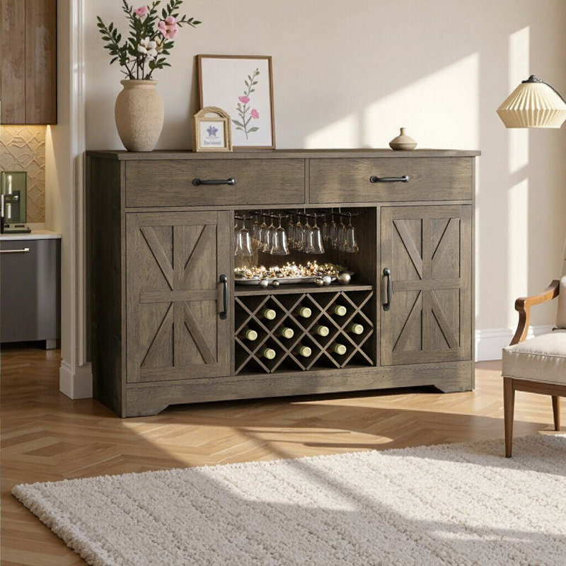 Armoire-bar rustique de style campagnard avec porte-bouteilles, tiroirs de rangement et porte-verres - Buffet gris chêne pour la cuisine et la salle à manger
