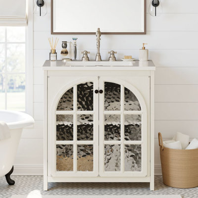 Meuble-lavabo autoportant de 31 po avec lavabo en céramique et portes en verre trempé