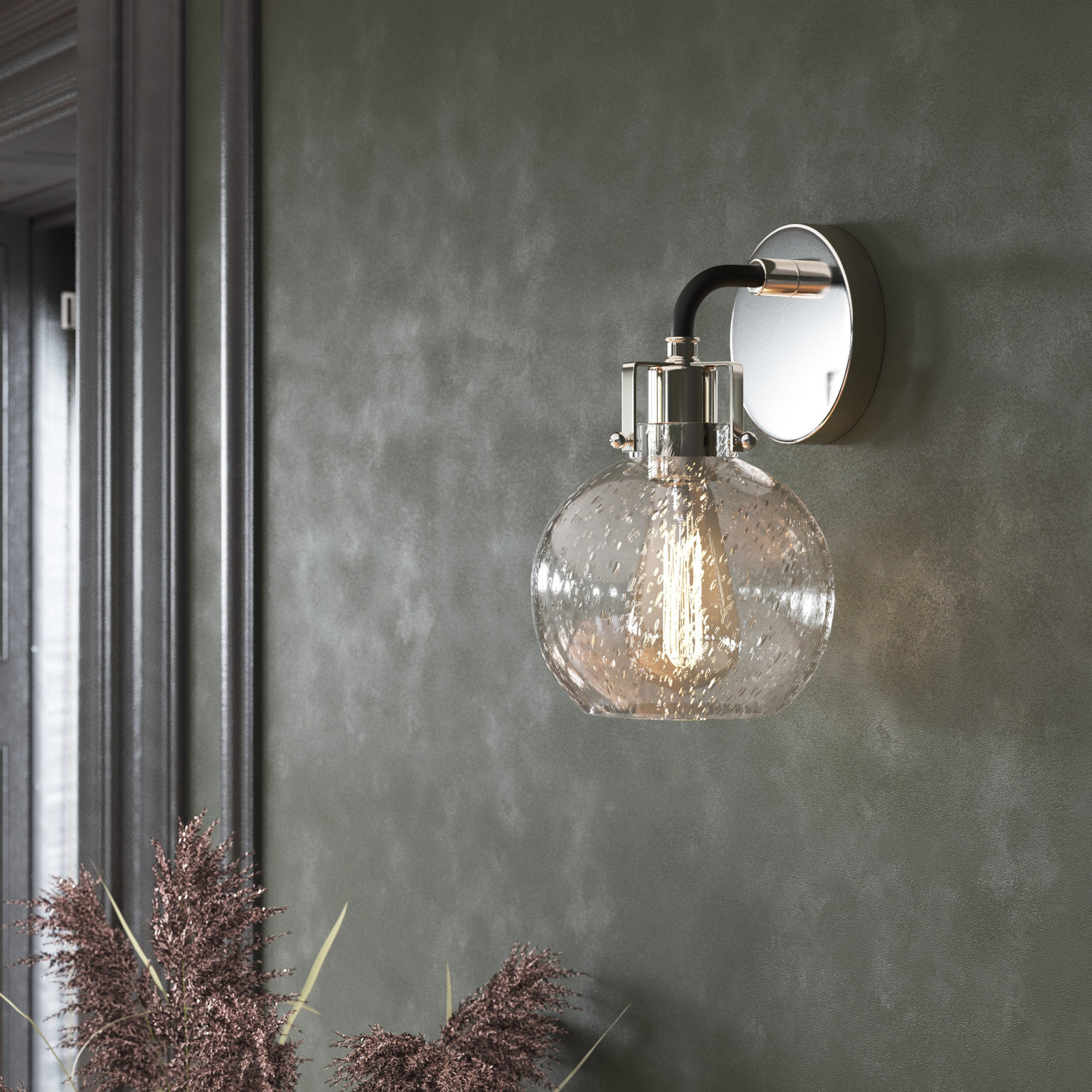 Byrne Single Light Dimmable Armed Sconce, Polished Nickel/Textured Black