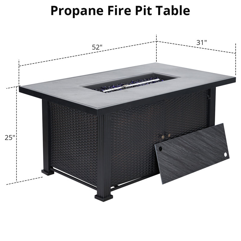 52" Black Slate Gas Fire Pit Table with Rattan Panel