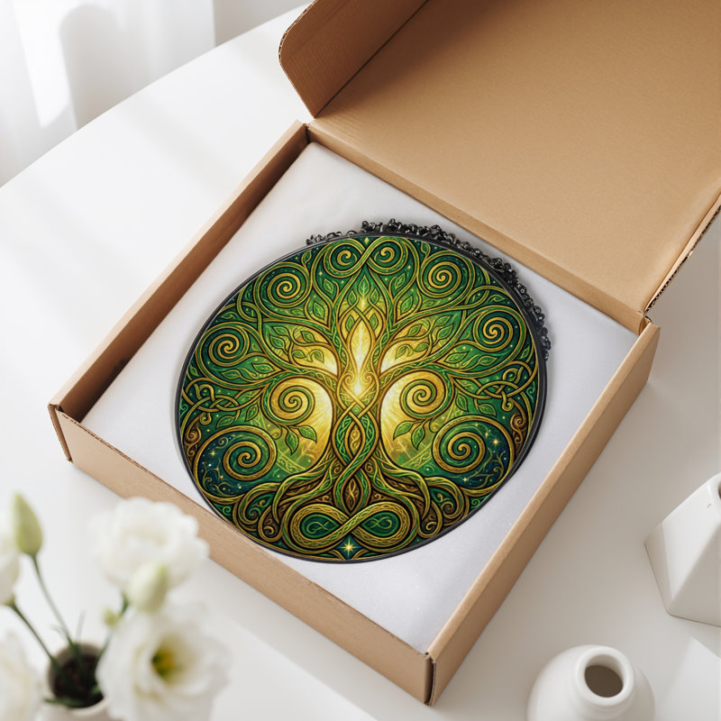 7.8"H Celtic Tree Stained Glass Window Panel, 7.8" H x 7.8" W